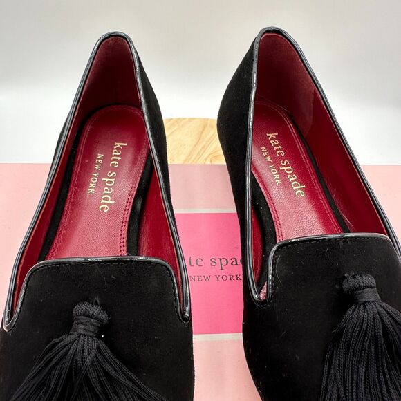 Kate Spade Adore Loafer Shoes Womens 6B Black Suede Tassels Slip On Pointed Toe - Picture 2 of 9